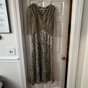 Tadashi Shoji gold taupe beige dress formal wedding gown black tie worn once